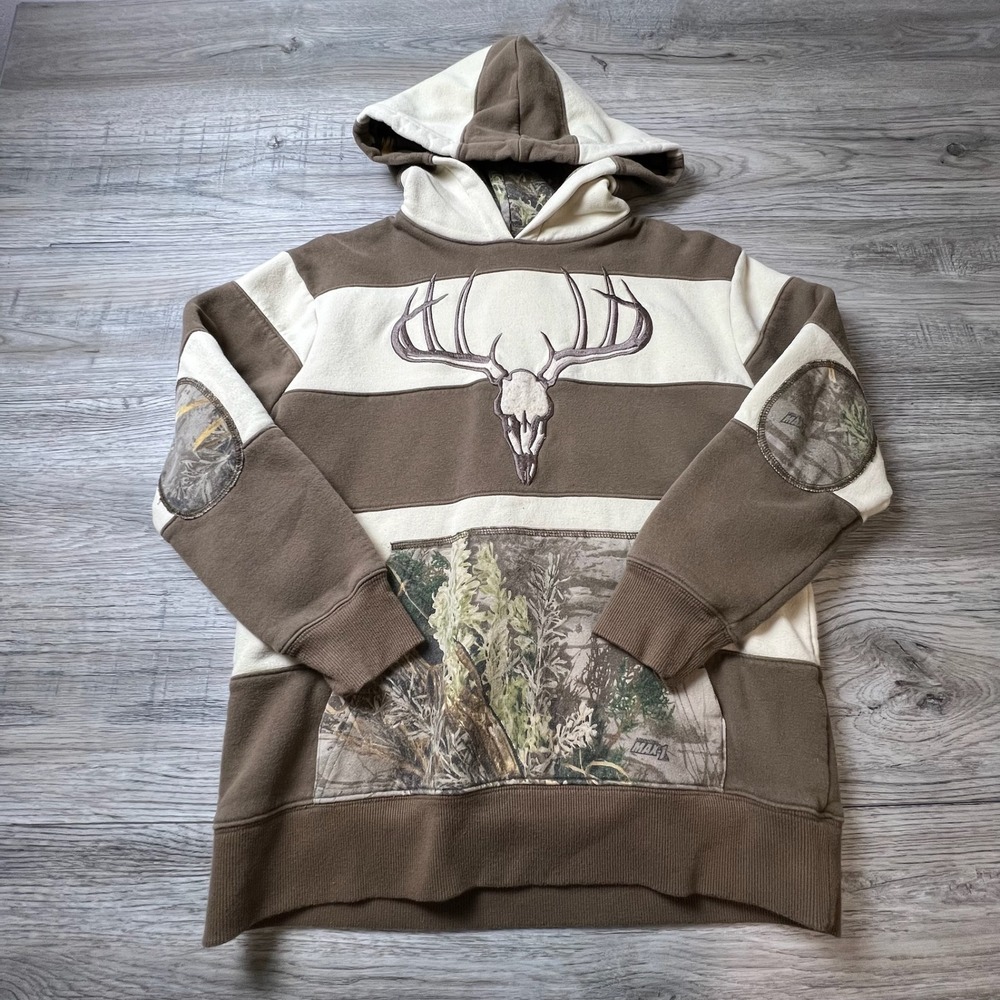 Realtree Hoodie Kids XL 10 Brown Cream Striped Deer Skull Camo Hunting Pullover